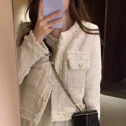 HJLZWB New Fashion Korean Chic Vintage Tweed Woolen Jacket Coat Women Autumn Single Breasted Plaid Tassel Office Lady Outwea2023