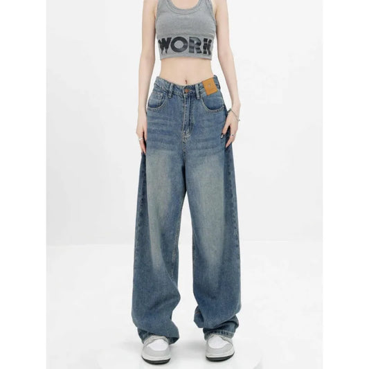 Womens Jeans High Waist Slim Fit Personality Denim Trousers Autumn Winter New Blue Loose Straight Wide Leg Drag Thin