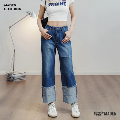 Maden Women Ripped Denim Jeans Washed Jeans 12.8 OZ Vintage Do Old Straight Full Length Pants Mid Waist Casual Blue Jeans