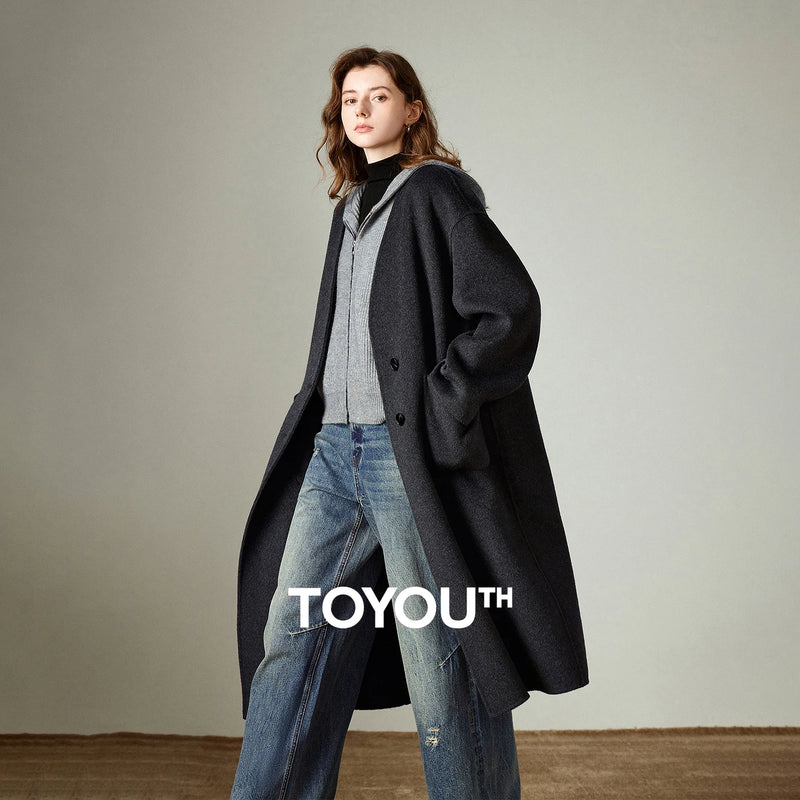 TOYOUTH Women Woolen Coat 2025 Winter New V Neck Mid Length Retro Female Overcoat Jacket Camel Black Gray