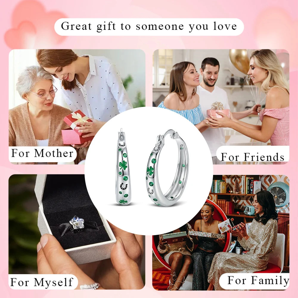 925 Sterling Silver Lucky Clover Hoop Earrings Green CZ Pave & Horseshoe Design St. Patrick's Day Earring For Women Jewelry Gift