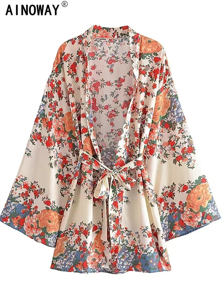 Multi Floral Print Rayon Bohemian Kimono wedding robe Women Batwing Sleeves Happie Short Robe Boho  Bridesmaid Cover-ups