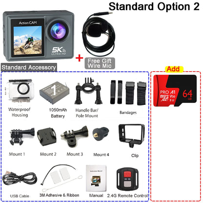 Action Camera 5K 4K60FPS Dual IPS Touch LCD EIS 170° 30M Waterproof 5X Zoom Sport Camera Optional Wireless Mic & Remote Control