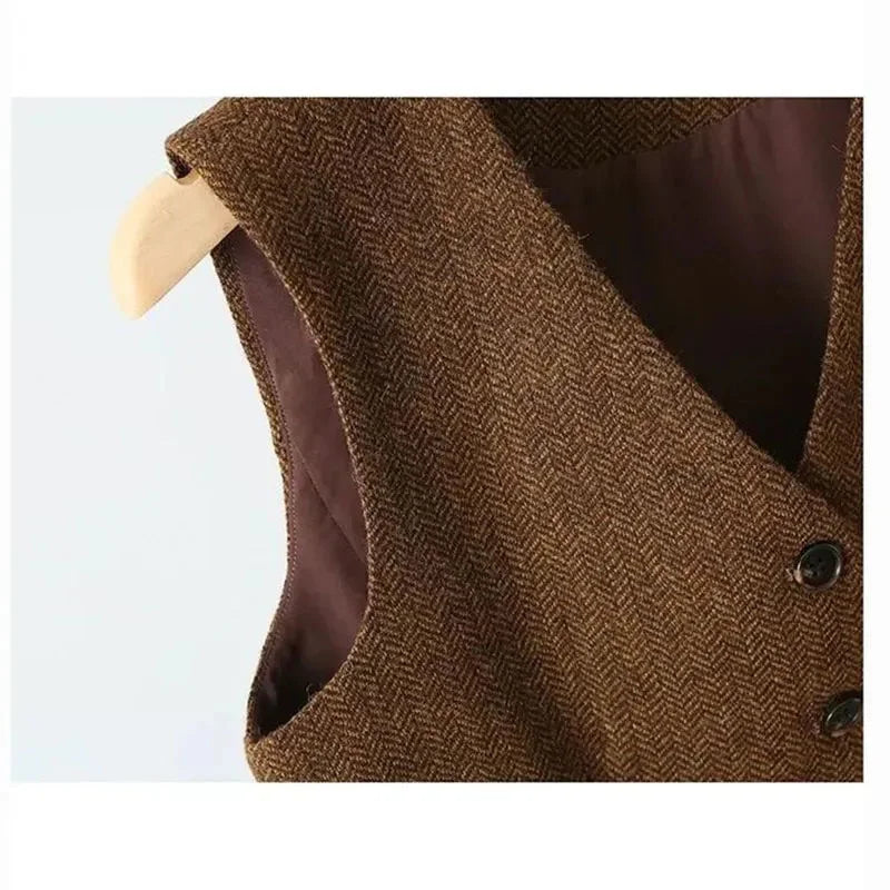 New 2025 Spring Autumn V-neck Casual Woolen Vest Women Fashion  British Style Sleeveless Waistcoat Female Top Ladies Outwear