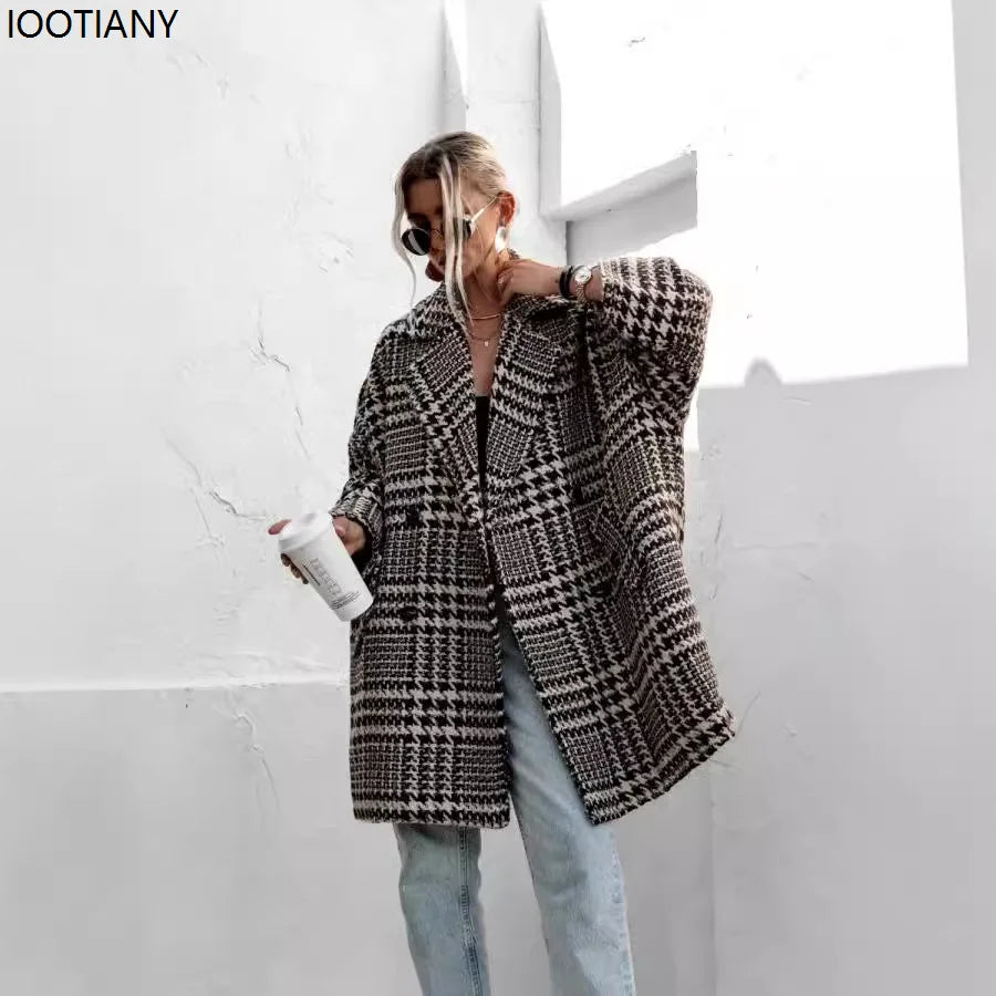 Autumn And Winter Thickened Loose Plaid Woolen Coat Women Houndstooth Pattern Overcoat Elegant Lapel Leisure Loose Jackets New