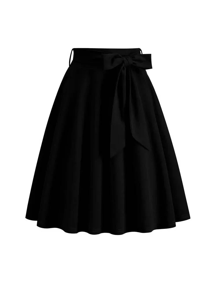 2025 Women Retro Vintage Midi Long Skirt Solid Elegant High Waist A Line Skater 50s Swing Skirts Ladies Workwear Falda Mujer