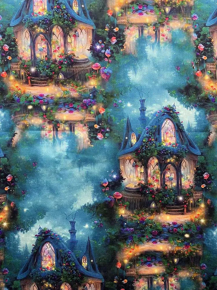 Cotton Fabric Digital Printing HD Fairy Tale Dream House Elf for DIY Handmade Sewing Clothes Bags Dresses by Half Meter