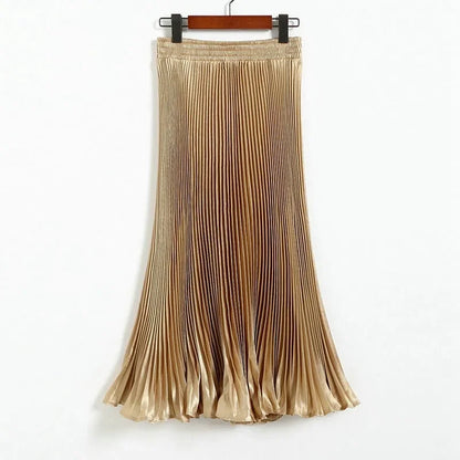 Women's Fashion Pleated Mermaid Long Skirt Korean Style Casual High Waist Satin Flowy Skirts Shiny 19 Colors 2024 Spring SK500