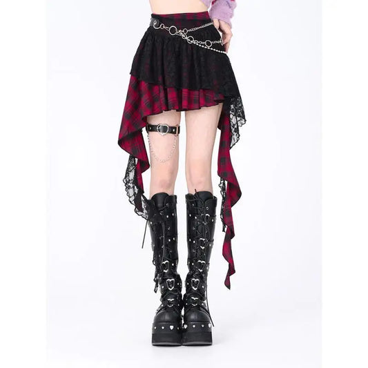 Japanese Harajuku Lace Plaid Irregular High Waist Women Skirt Autumn New Gothic Mini A-line Skirt Fashion High Street Y2k Skirt