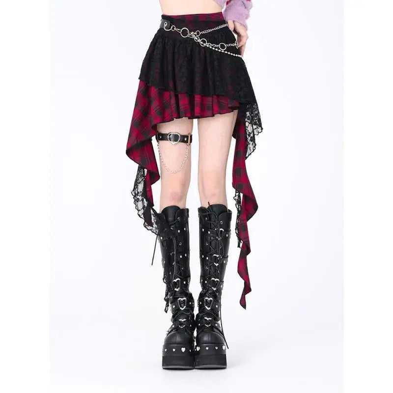 Japanese Harajuku Lace Plaid Irregular High Waist Women Skirt Autumn New Gothic Mini A-line Skirt Fashion High Street Y2k Skirt