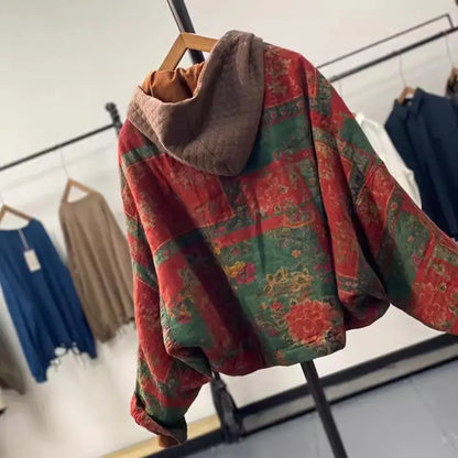 2026 Spring & Autumn Fashion Ethnic Retro Printed Cotton Jacket Women's Loose Bat Sleeves Quilted Short Coat V-Neck Top K2312