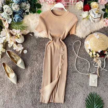 YuooMuoo  Women Dress European and American Fashion Short Sleeve Slimming Side Slit Knitted Mini Dress Streetwear Lady Outfits