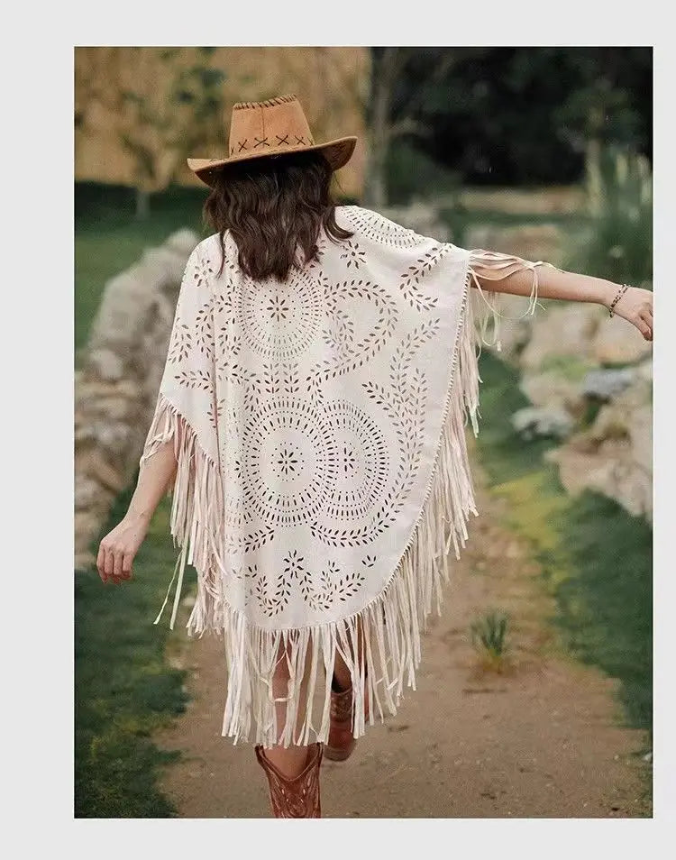 Women's Tassels Sleeveless Vest Hippie Faux Suede Fringe Jackets Cardigan Summer Hollow Waistcoat Outwear Tops