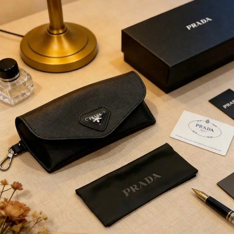 Prada Black Leather Eyeglass Case Luxury Triangle Metal Logo Eyewear Storage Pouch With Detachable Keychain Soft Glasses Protect