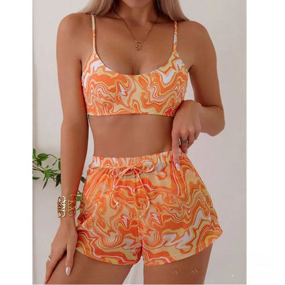 Cikini Women's Vacation Marble Print Casual Bikini Set, Three-Piece Bikini Set With Cover-Up Shorts, Random Print Summer Beach