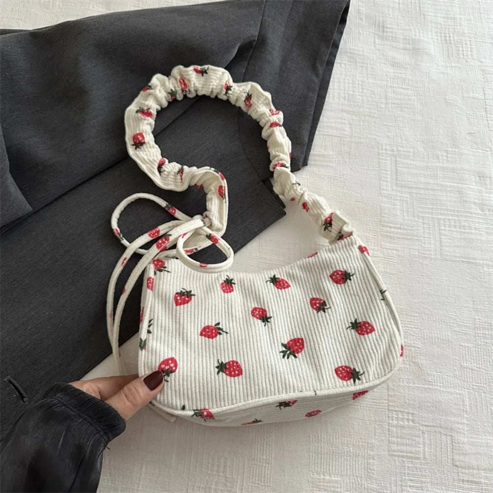 New Large Capacity Corduroy Tote Bag Women Girl Y2k Strawberry Shoulder Bag Sweet Trendy Zipper Underarm Bag Crossbody Bag