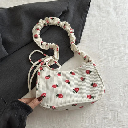 New Large Capacity Corduroy Tote Bag Women Girl Y2k Strawberry Shoulder Bag Sweet Trendy Zipper Underarm Bag Crossbody Bag