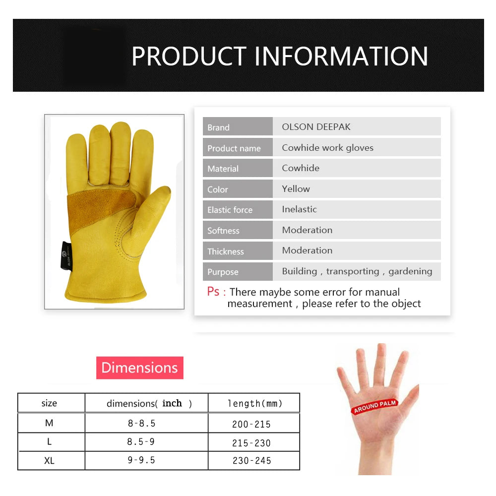 Winter Leather Work Gloves Cowhide Leather Gloves Fleece Lined Working Gloves Men Safety Work Gloves Construction Gloves for Men