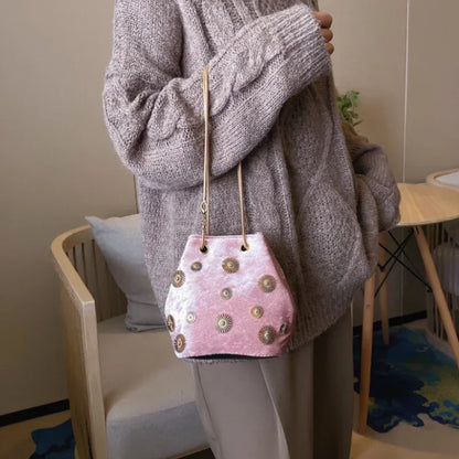 New Women's Shoulder Bags Bucket Bag Elegant Velvet Handbag Tote Crossbody Bag with Golden Chain Shoulder Strap