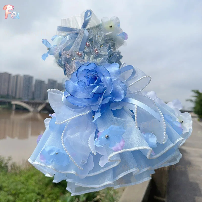 2026 Handmade Blue Puppy Dog Clothing Luxury Embroidery Flower Lace Bow Long Tail Party Dresses For Small Medium Dog Pet Clothes