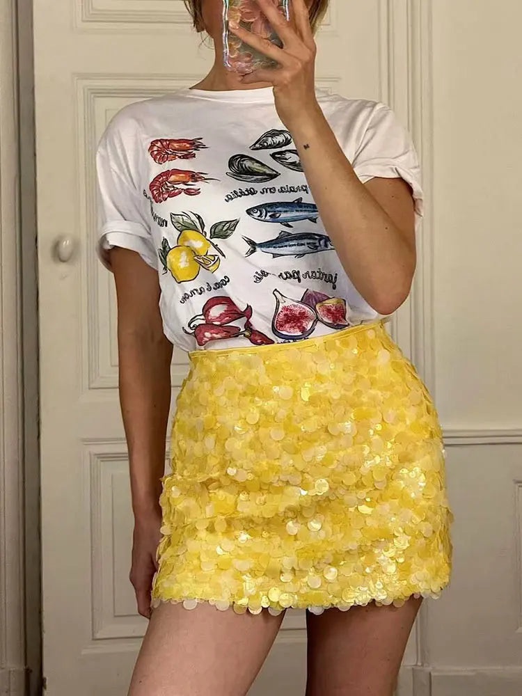 HH Women Fashion Yellow Sequin Mini Skirts Side Zipper High Waist A Line Skirt Summer Sexy Lady Elegant Club Party Skirts
