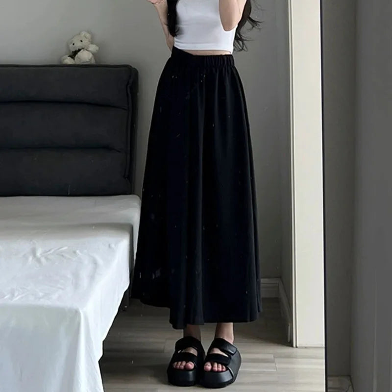 2025 New Women's High Elastic Waist Long Skirts Summer Solid Casual Loose Pleated Maxi Skirt Fashion Streetwear Big Swing Skirts