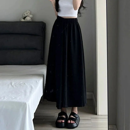 2025 New Women's High Elastic Waist Long Skirts Summer Solid Casual Loose Pleated Maxi Skirt Fashion Streetwear Big Swing Skirts