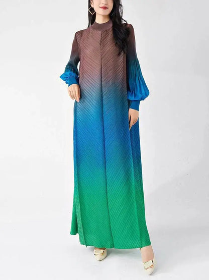 LANMREM Niche Gradient Colorblock Design Pleasted Women's Dress 2025 New Loose Chic Long Sleeve Temperament Long Dresses 2DB3396