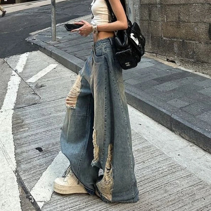 American high street ripped old jeans women ins autumn retro Harajuku loose straight wide-leg floor pants women jeans