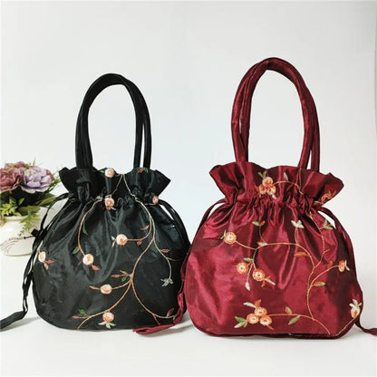 Elegant Ethnic Style Cosmetic Handbag Women Flower Handbags Embroidered Flower Small Bucket Bag National Style Purse Jewelry Bag