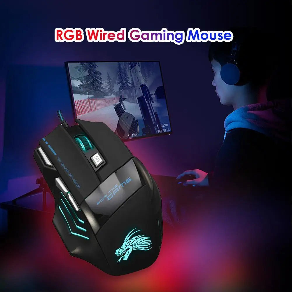 Gaming Mouse 7-Color Backlight 5500 DPI Adjustable USB Wired Optical Mice for PC