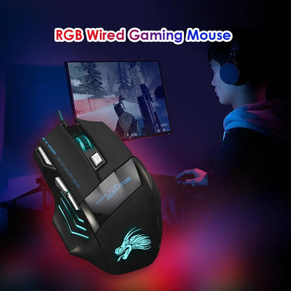 Gaming Mouse 7-Color Backlight 5500 DPI Adjustable USB Wired Optical Mice for PC