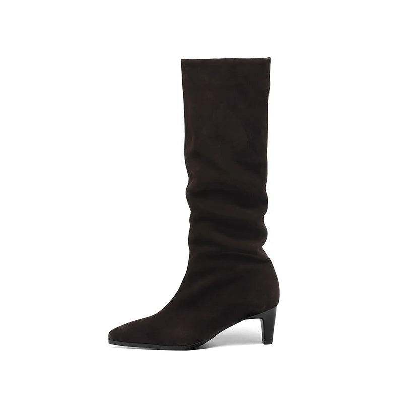 2025 New Trend Cow Suede Women Autumn Winter Slip-On Boots Chocolate Burgundy High Chunky Heels Square Toe Lady Knee High Boots