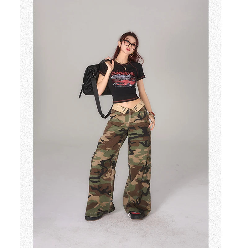 Green Women Jeans High Waist Fashion American Camouflage Y2K Streetwear Chic Wide Leg Jean Female Trouser Baggy Denim Pants