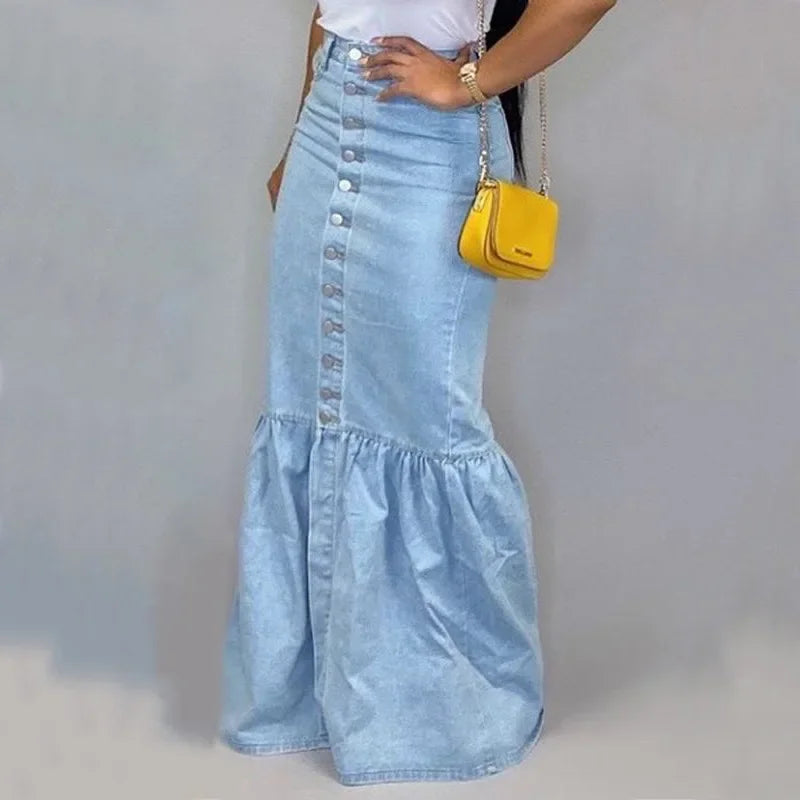 Fishtail Denim Long Skirt Women Full Length Mermaid Trumpet Ruffle Breasted Sexy High Waist Stretchy Skirts 2024 Streetwear