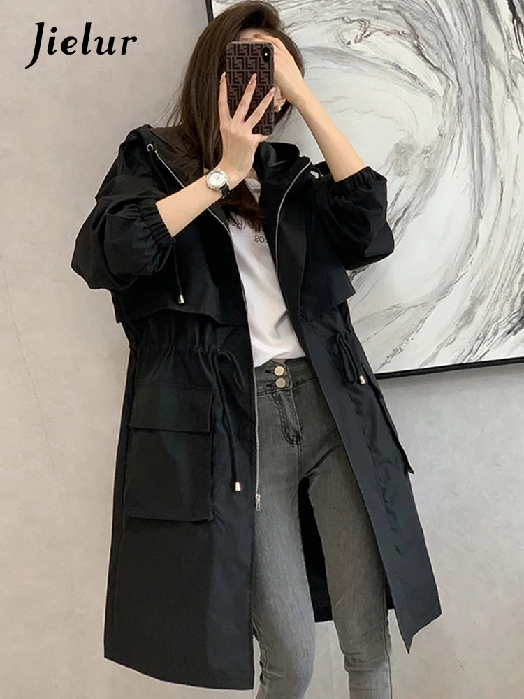 Jielur New Loose Women's Trench Coat autumn Solid Color Hooded Casual Straight Elegant Female Trench Chic Pockets Zipper Coat