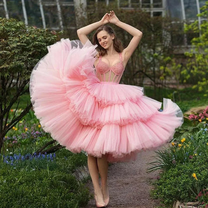 High Quality Tiered Midi Skirts Prom Gown Lush Short Evening Party Skirt Extra Ball Gown Elegant Pink Tulle Tutu Skirt for Women