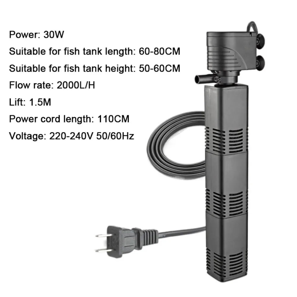 Plastic 3 in 1 Fish Tank Filter 4/6/12/20/30W Filtration Fish Tank Built-in Filter Increase Air Oxygen with Inner Sponge