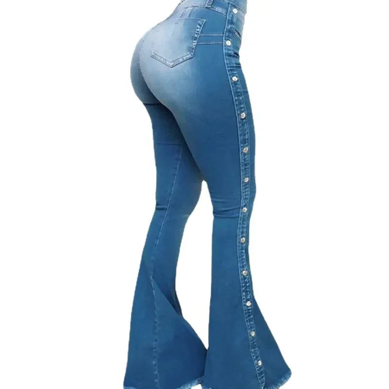 Mid Waisted Stretch Flare Jeans Women Denim Pants Wide Leg Butt-lifted Casual Korean Style Skinny Bell Bottom Pocket Trousers
