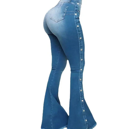 Mid Waisted Stretch Flare Jeans Women Denim Pants Wide Leg Butt-lifted Casual Korean Style Skinny Bell Bottom Pocket Trousers
