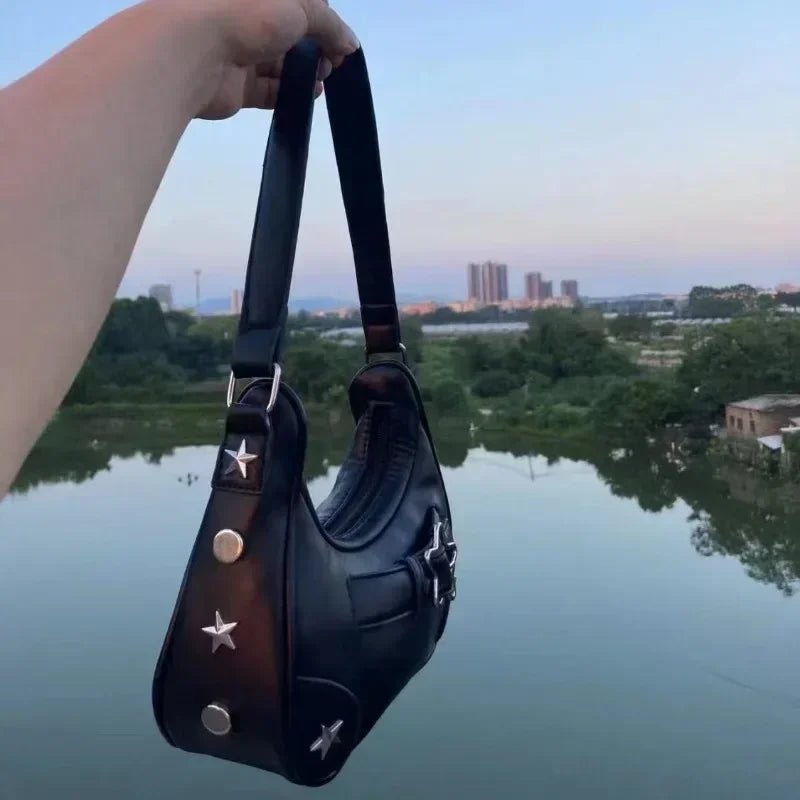 Vintage Korean Casual Cute White Star Shoulder Underarm Tote Bag Ladies Sling Bags Leather Zip Purses  Handbags Women