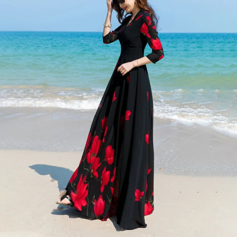2025 Summer New Korean V-Neck Printed Chiffon Dress Women's Slim Oversize 4XL Long Sleeve Large Swing Slim Beach Long Dresses