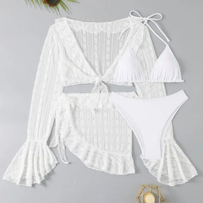 2025 Women Swimsuit Long-sleeve Cover-up Swimwear Sexy Four-piece Summer Solid Bikini Set Brazilian Beachwear Party Bathing Suit