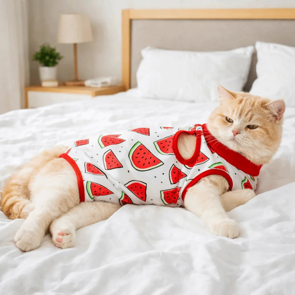 Fruit Printed Cat Recovery Clothing High Elasticity Breathable Pet Anti-Licking Vest Soft Comfortable Pet Weaning Suit