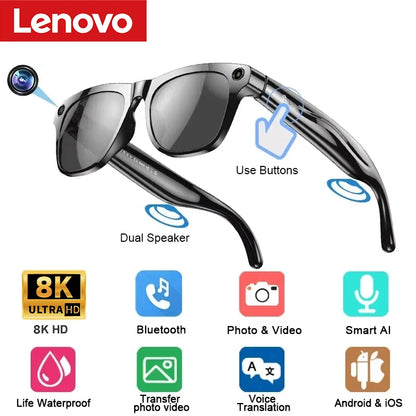 Lenovo 100MP Camera 8K HD Smart Glasses Chat GPT 260mAh Battery Bluetooth Call Voice Assistant Control Smart Glasses for Men