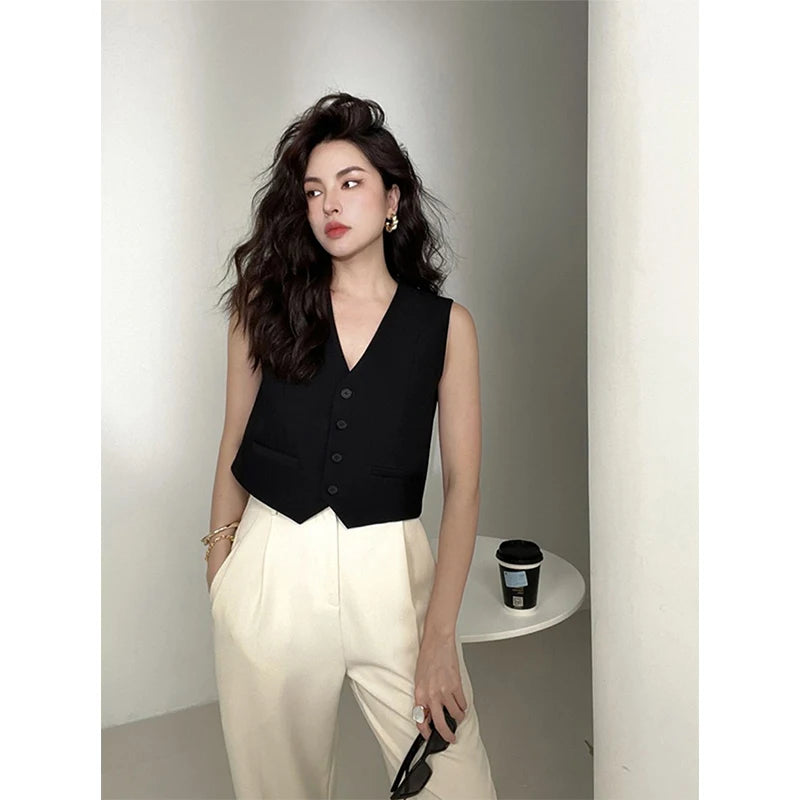 MEXZT Elegant Cropped Blazer Vest Women Vintage Black Suit Waistcoat Jackets Korean White Sleeveless Coat V Neck Outwears Tops