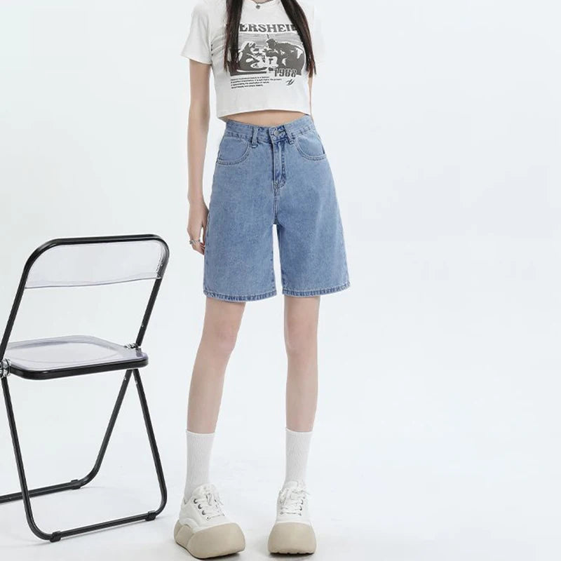 High Waist Wide Leg Five Inch Denim orts Women's Hip Covering Loose Straight Cut Student 5 Point mid Pants Retro Sle