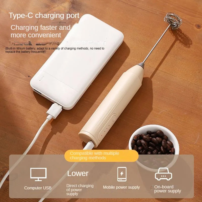 Automatic Stainless Steel Handheld Whisk Mini Portable Blender with 3 Speed Adjustable USB Rechargeable Milk Frother for Kitchen