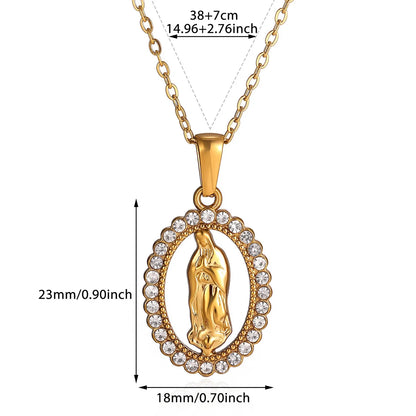 Virgin Mary Pendant With Diamonds Necklace For Women Gold Color Medal Charm Stainless Steel Religious Punk Jewelry Easter Gift