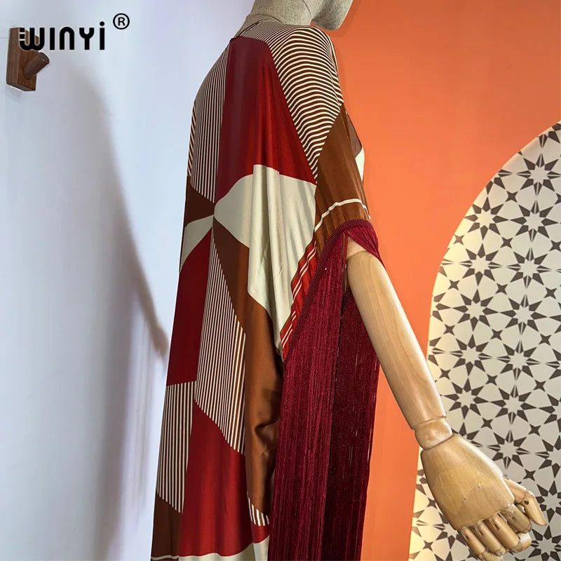 WINYI kimono cover-ups summer boho print Bikini Cover-up Elegant fashion Cardigan sexy Holiday long Sleeve tassels maxi dress